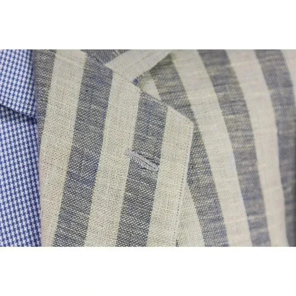 Custom Made Navy/Sky Blue Striped Mila Schon Linen Boating Patch Pkt Blazer 38S - Picture 5 of 8